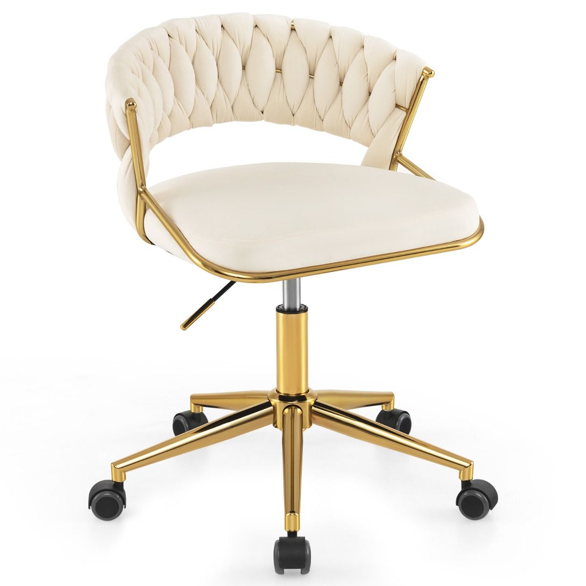 Home Office Desk Chair with Hand-woven Back and Golden Metal Legs White